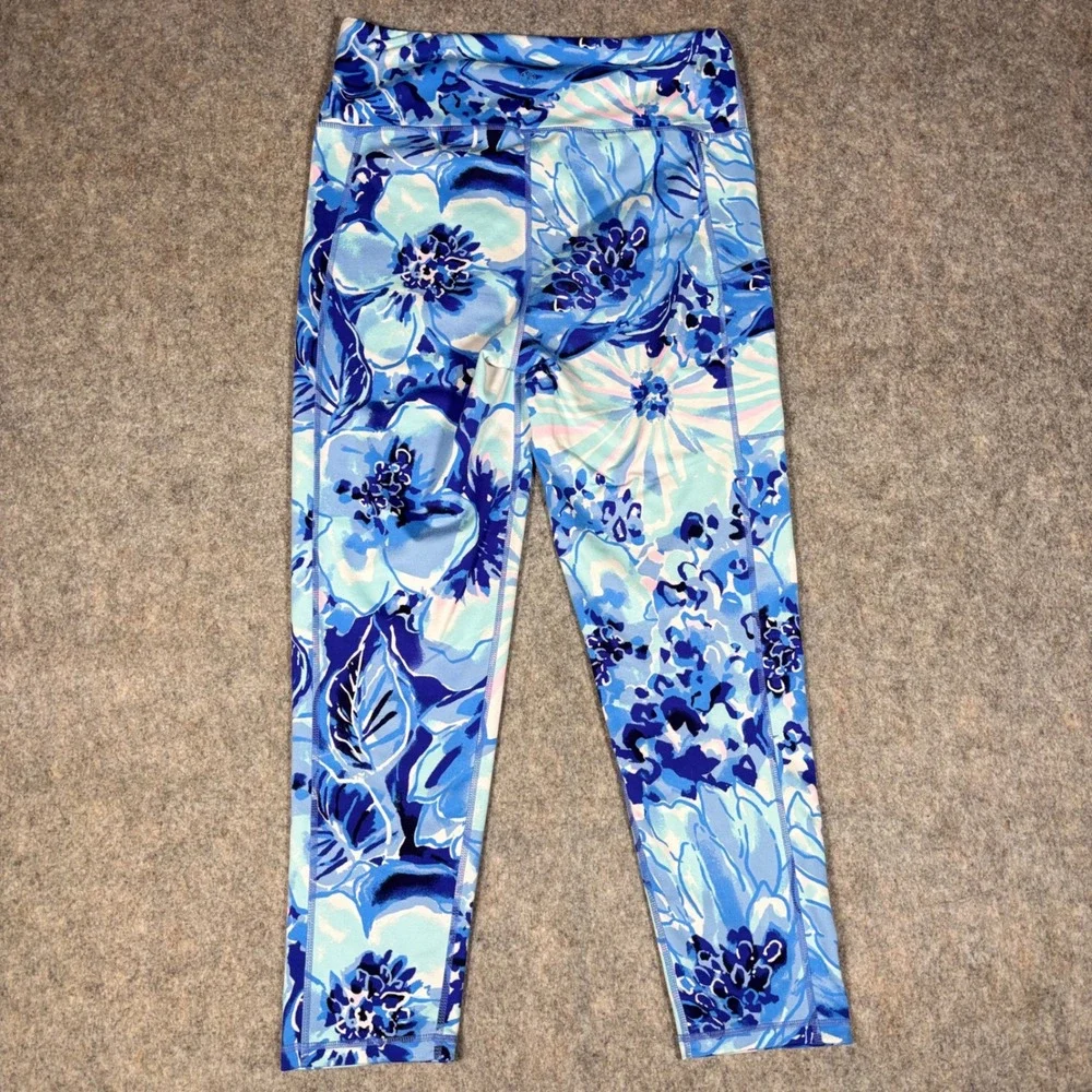 Lilly Pulitzer Luxletic Weekender High Rise Leggings Womens L Blue Floral 002143